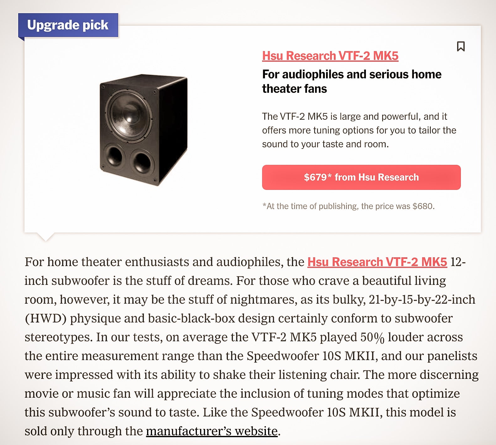 Wirecutter NYT Best High-Performance Subwoofers - VTF-2 MK5