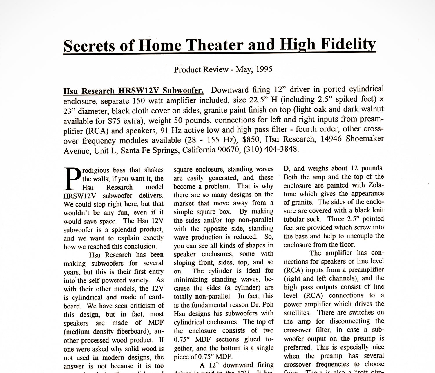 Secrets of Home Theater and High Fidelity 1995: Prodigious Bass That Shakes the Walls