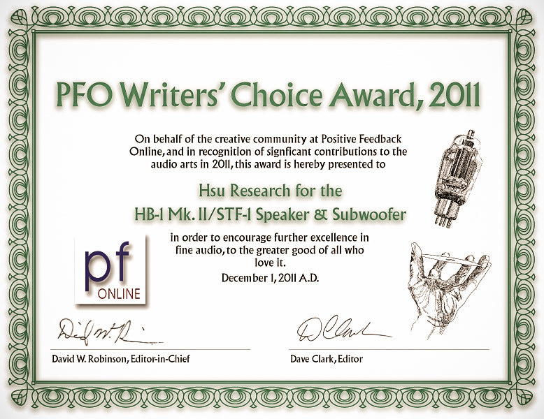 PFO Writer's Choice 2011 Award: HB-1 Mk2 / STF-1 for Fine Audio Excellence