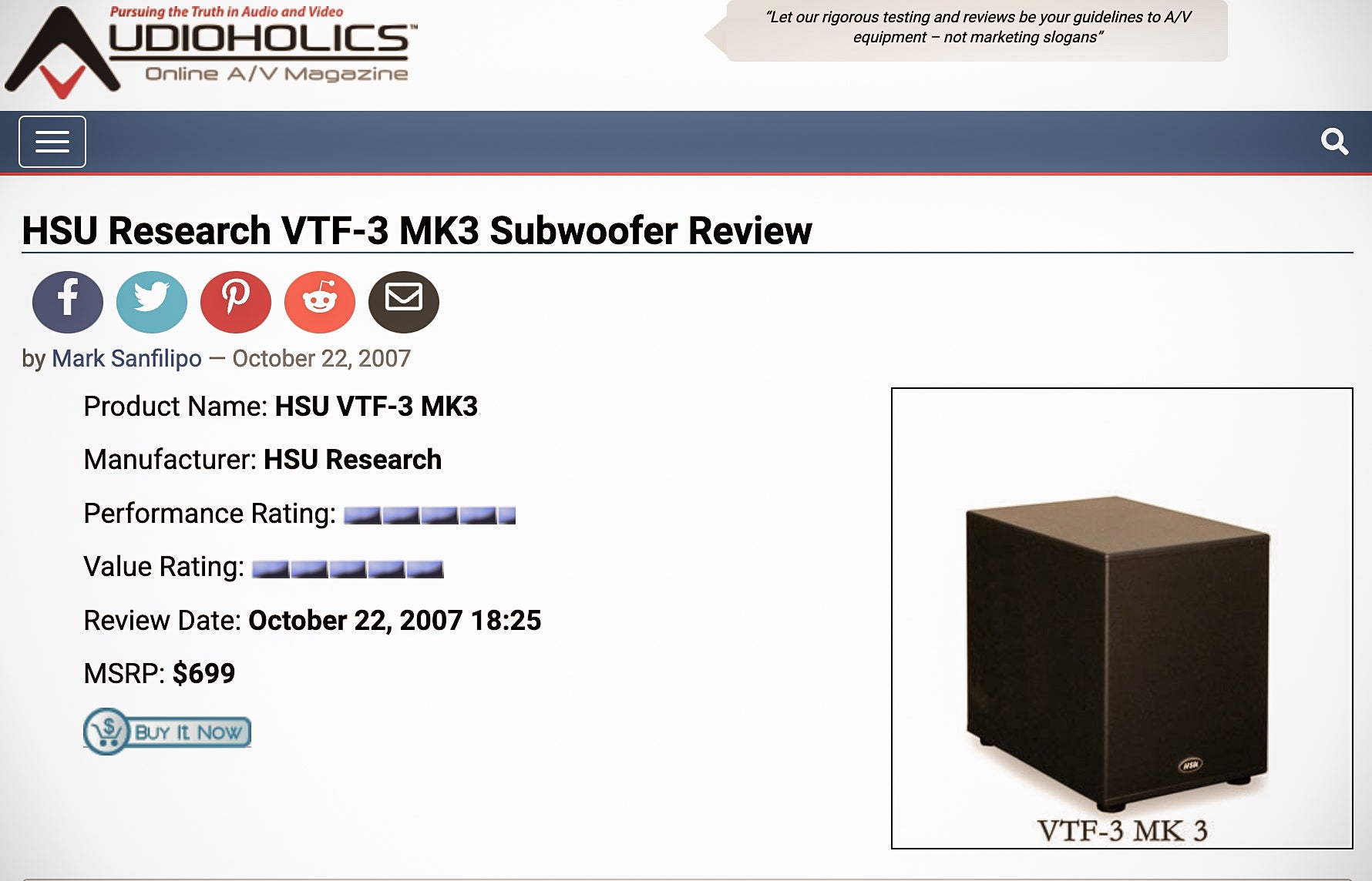 Audioholics VTF-3 MK3 Subwoofer Review