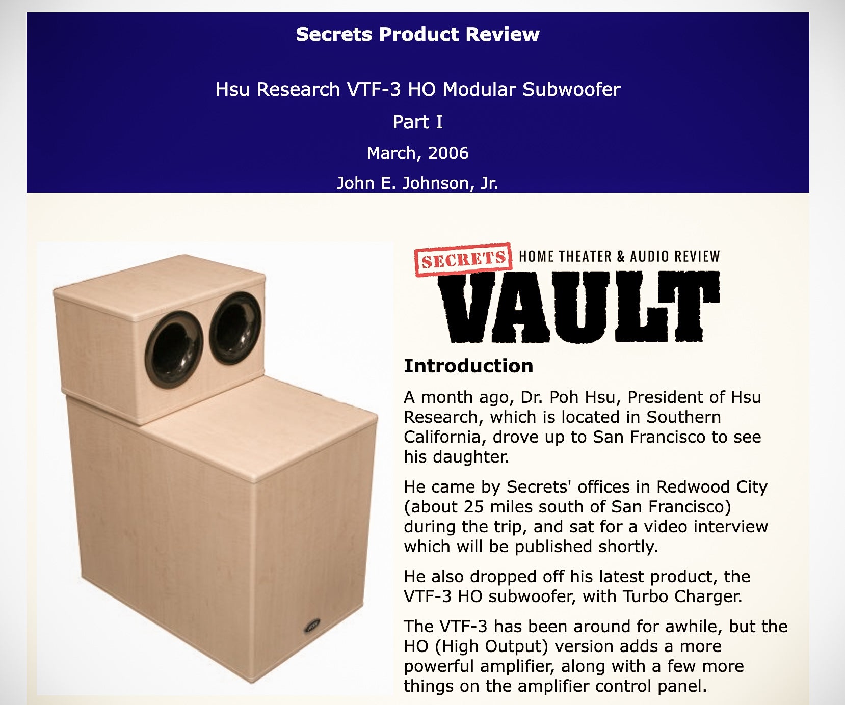 Secrets Home Theater & Audio Review: VTF-3 HO Modular Subwoofer