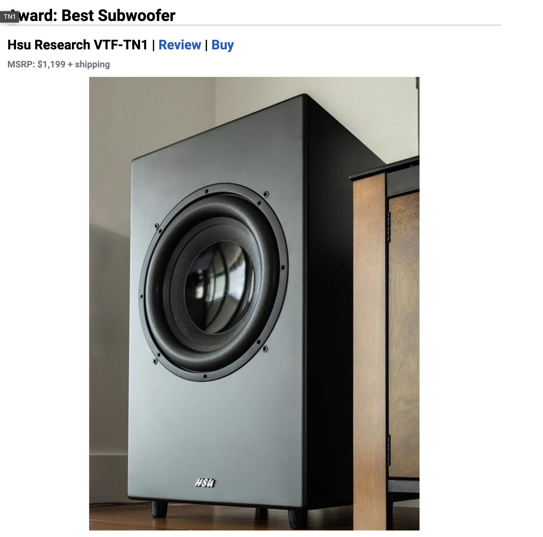 TN1 is Audioholics 2024 Product of the Year - Best Subwoofer