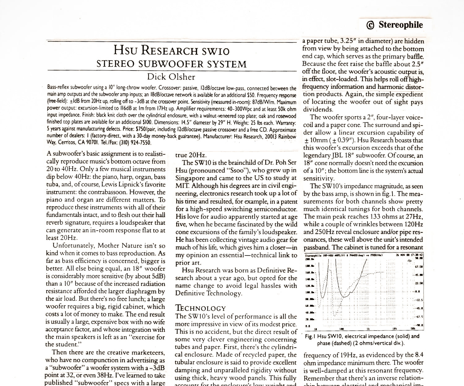 Stereophile 1993: SW10 Stereo System